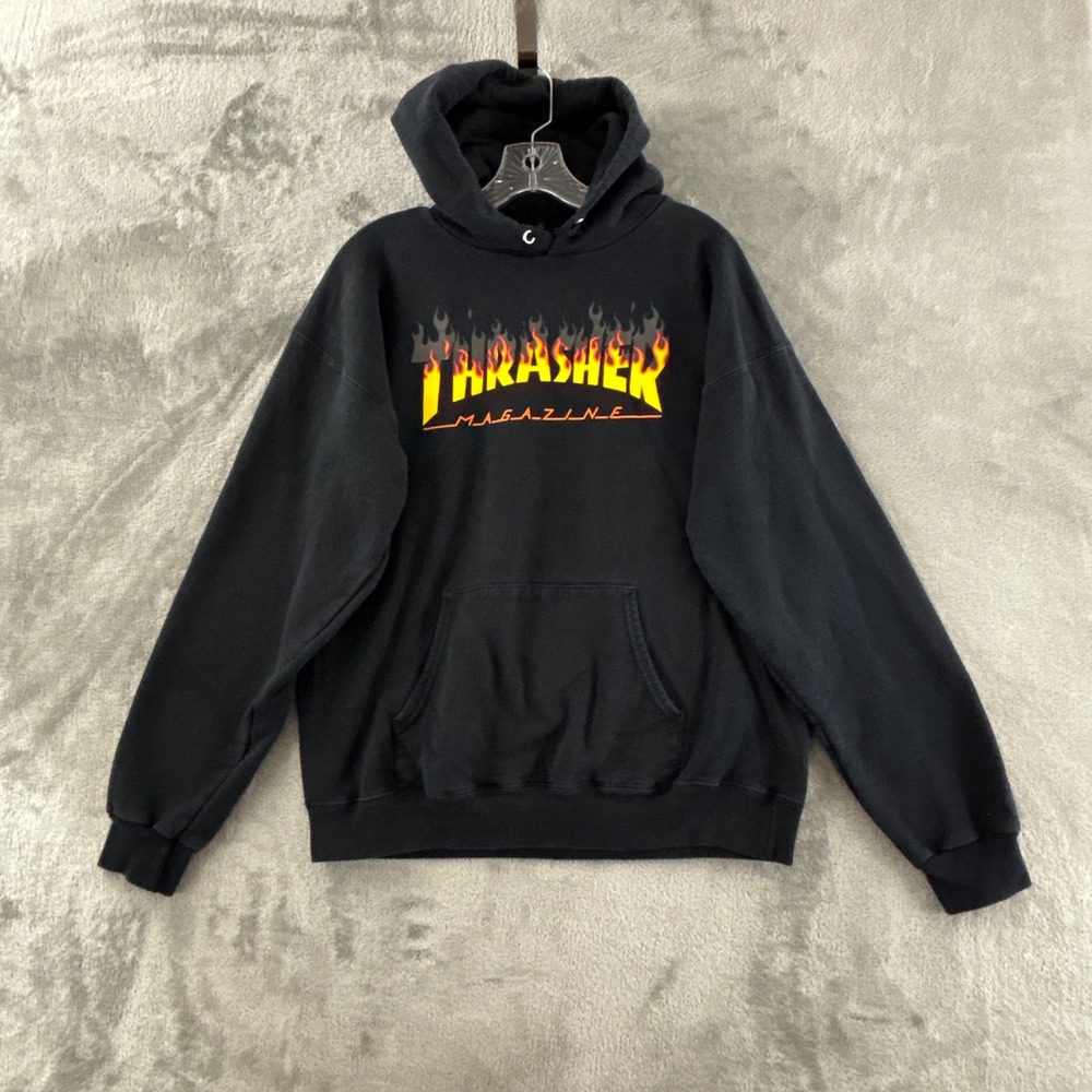 Vtg Thrasher Magazine Flames Hoodie M Black Skateboarding Hooded Sweatshirt Y2K